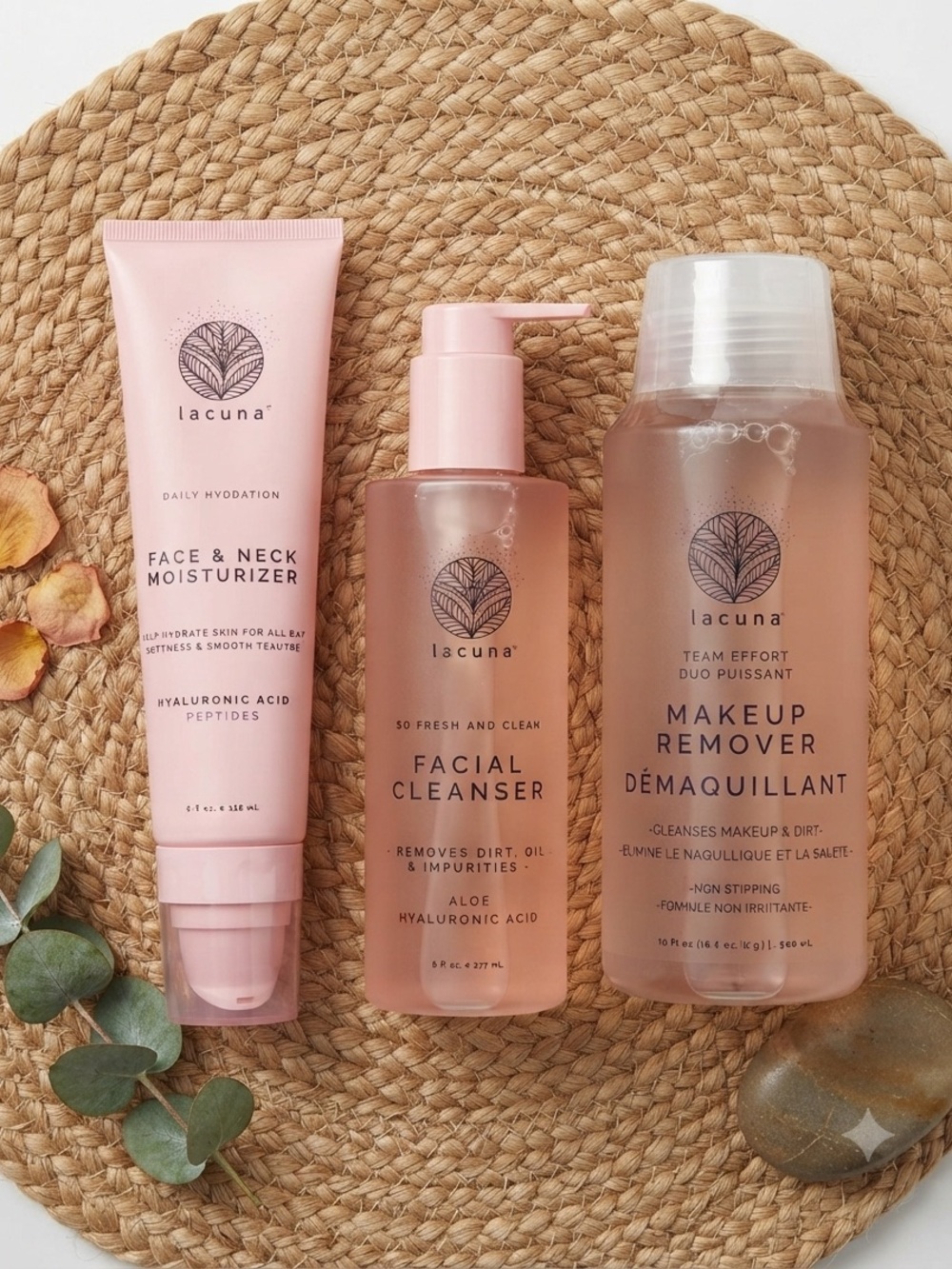 Lacuna Pink Makeup Remover & Facial Care Trio — Hydrating Cleanse & Moisturize